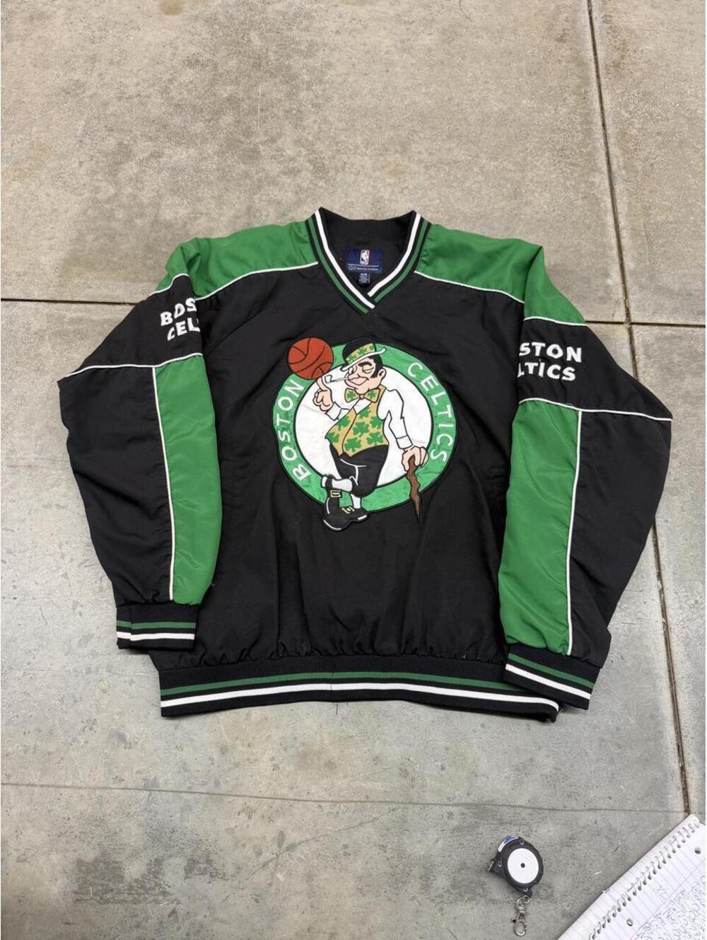 vintage boston celtics black and green pullover windbreaker jacket size xl